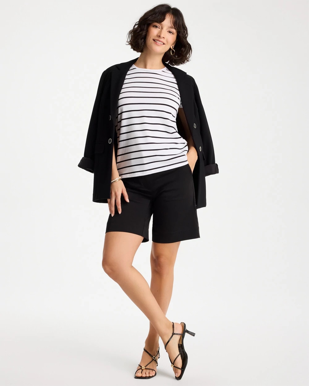 Chico's New - Striped Cotton Stretch Cap-Sleeve Tee Black
