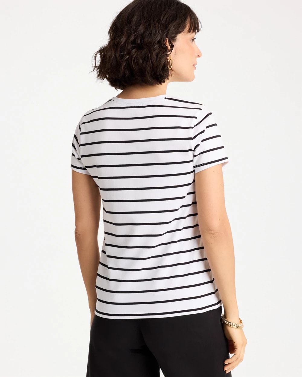 Chico's New - Striped Cotton Stretch Cap-Sleeve Tee Black