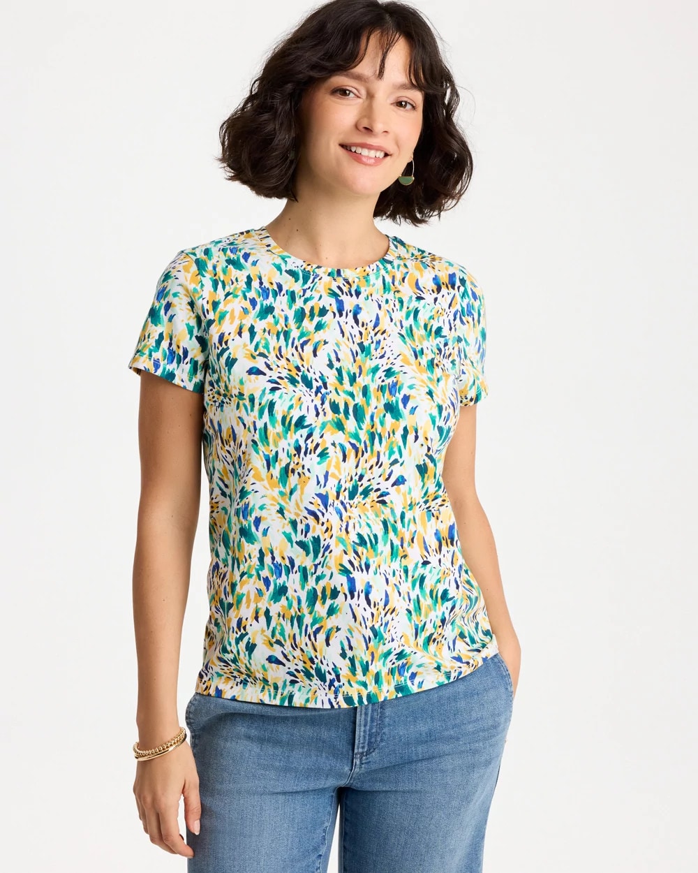 Chico's Quality - Printed Cotton Stretch Cap-Sleeve Tee Alabaster