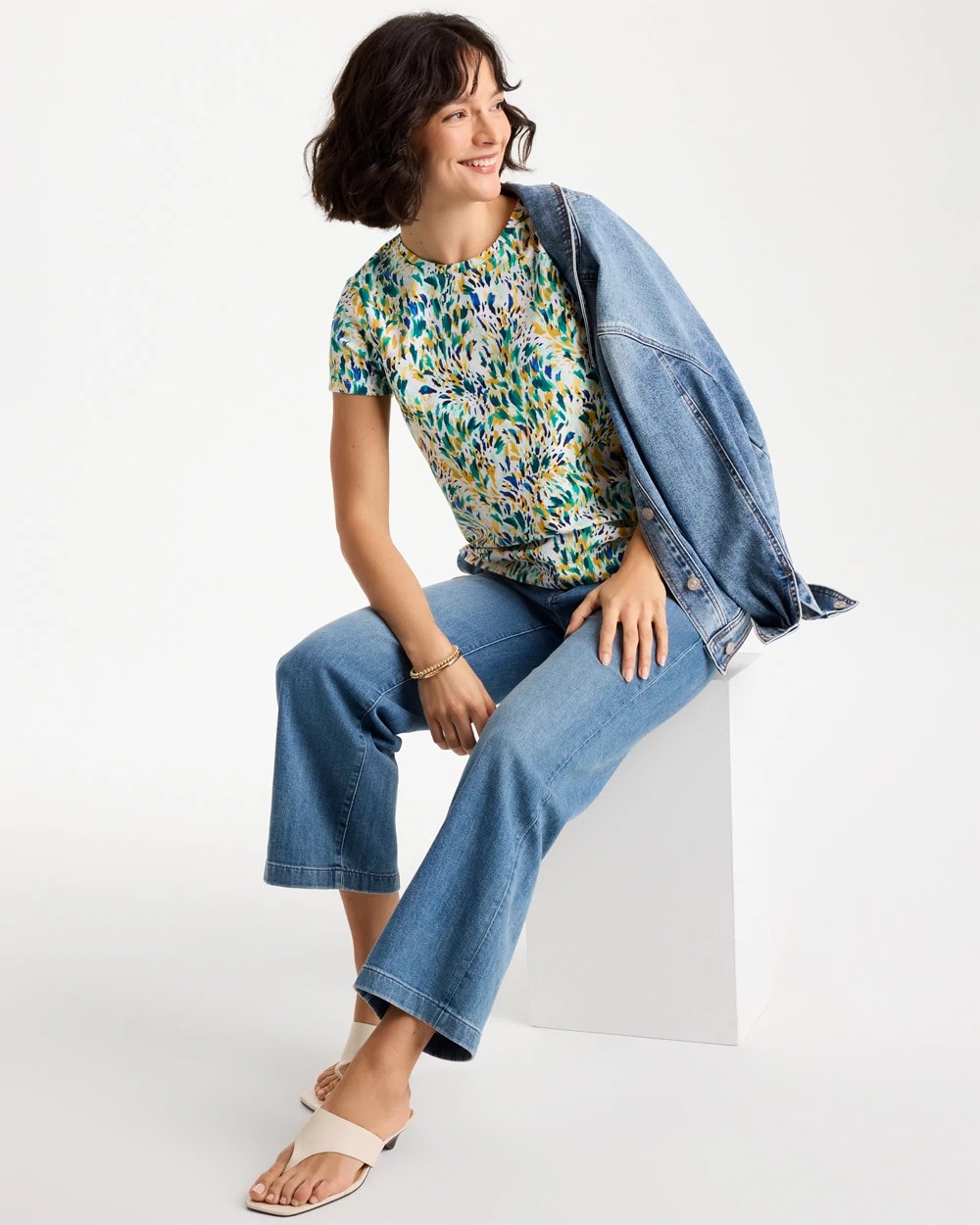 Chico's Quality - Printed Cotton Stretch Cap-Sleeve Tee Alabaster