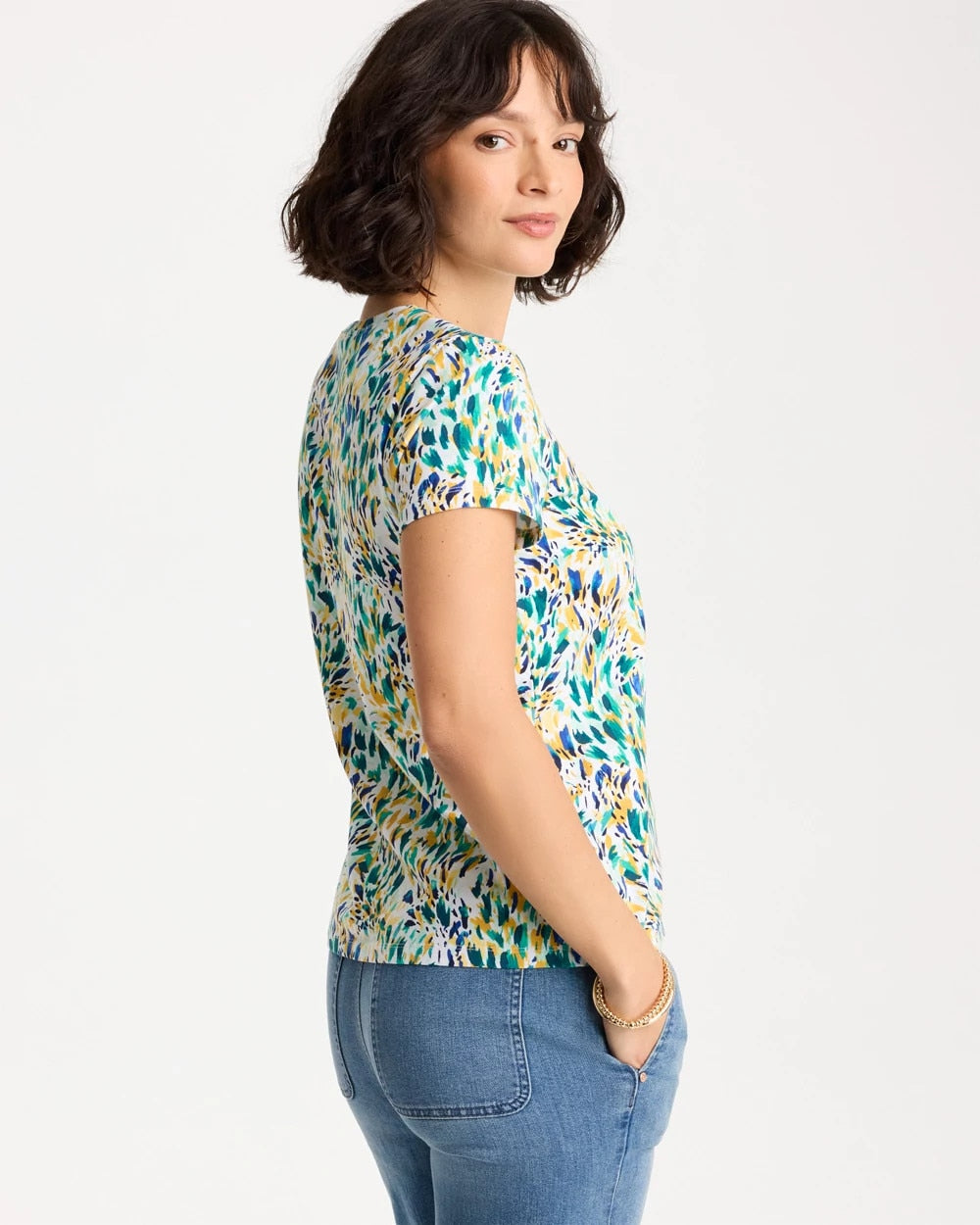 Chico's Quality - Printed Cotton Stretch Cap-Sleeve Tee Alabaster
