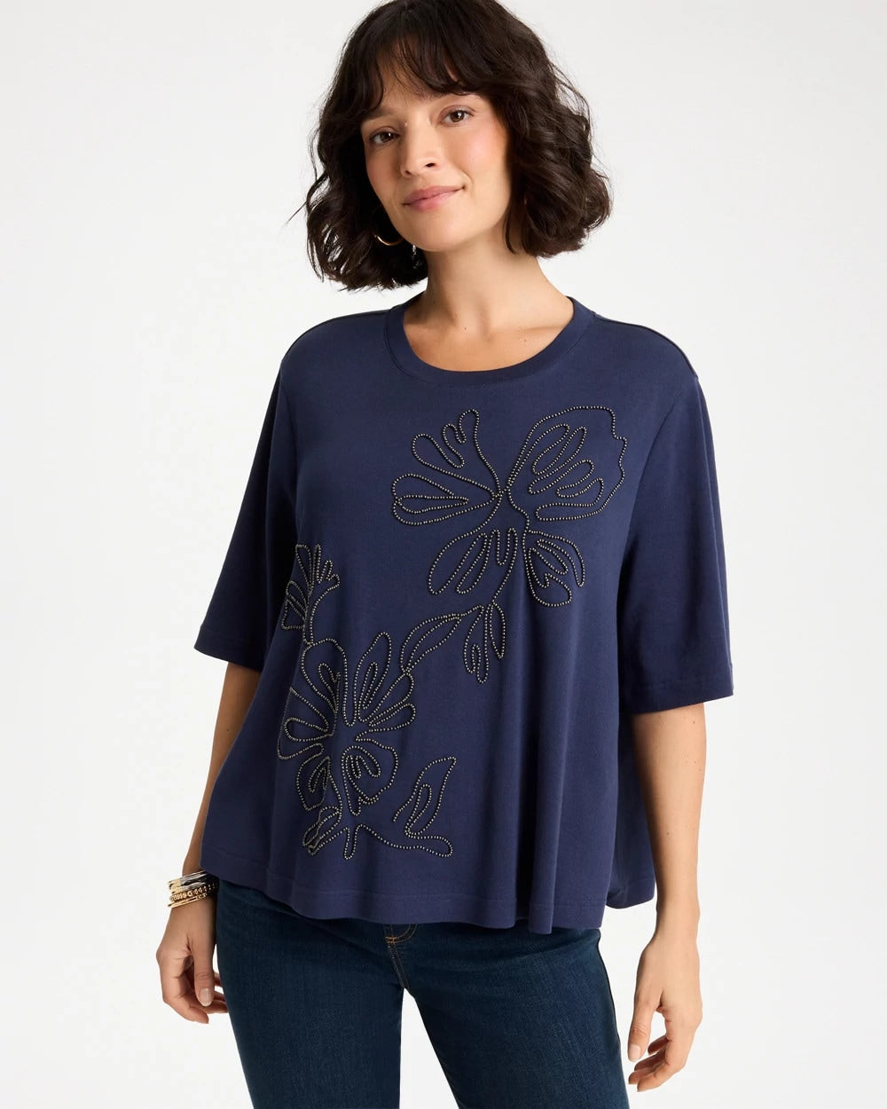 Chico's Customer Favorite - Caviar Beaded Cotton Tee Passport Blue