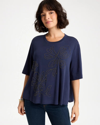 Chico's Customer Favorite - Caviar Beaded Cotton Tee Passport Blue