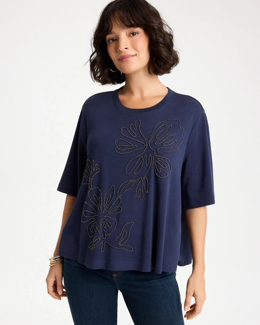 Chico's Customer Favorite - Caviar Beaded Cotton Tee Passport Blue