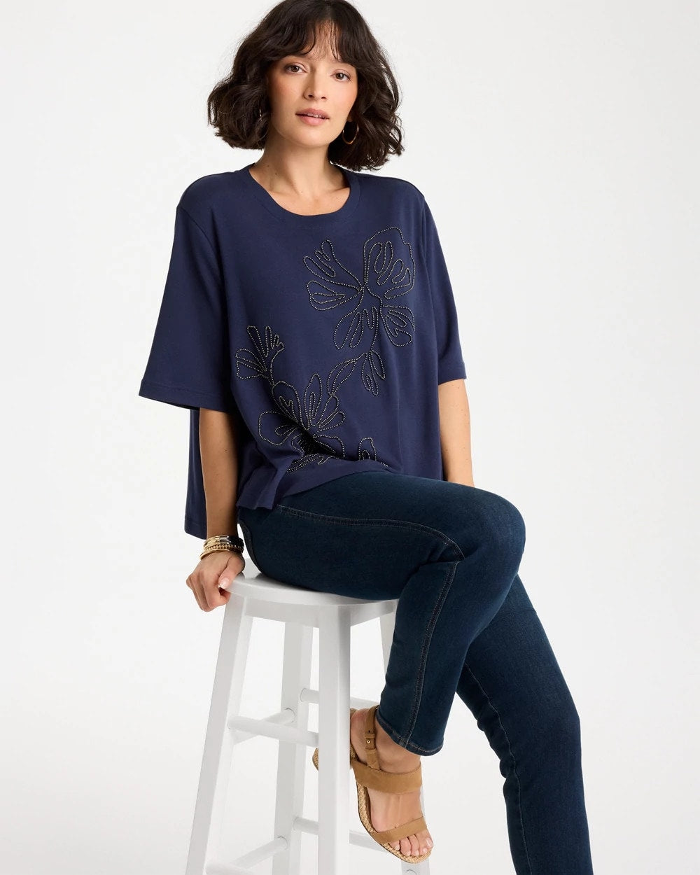 Chico's Customer Favorite - Caviar Beaded Cotton Tee Passport Blue