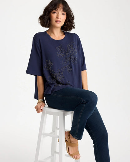 Chico's Customer Favorite - Caviar Beaded Cotton Tee Passport Blue