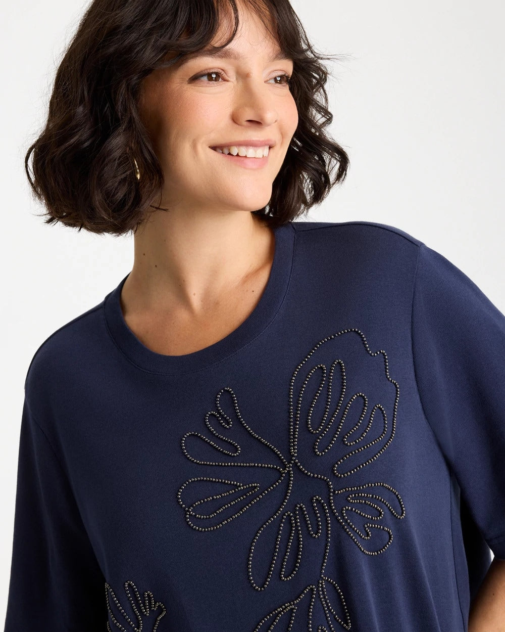 Chico's Customer Favorite - Caviar Beaded Cotton Tee Passport Blue