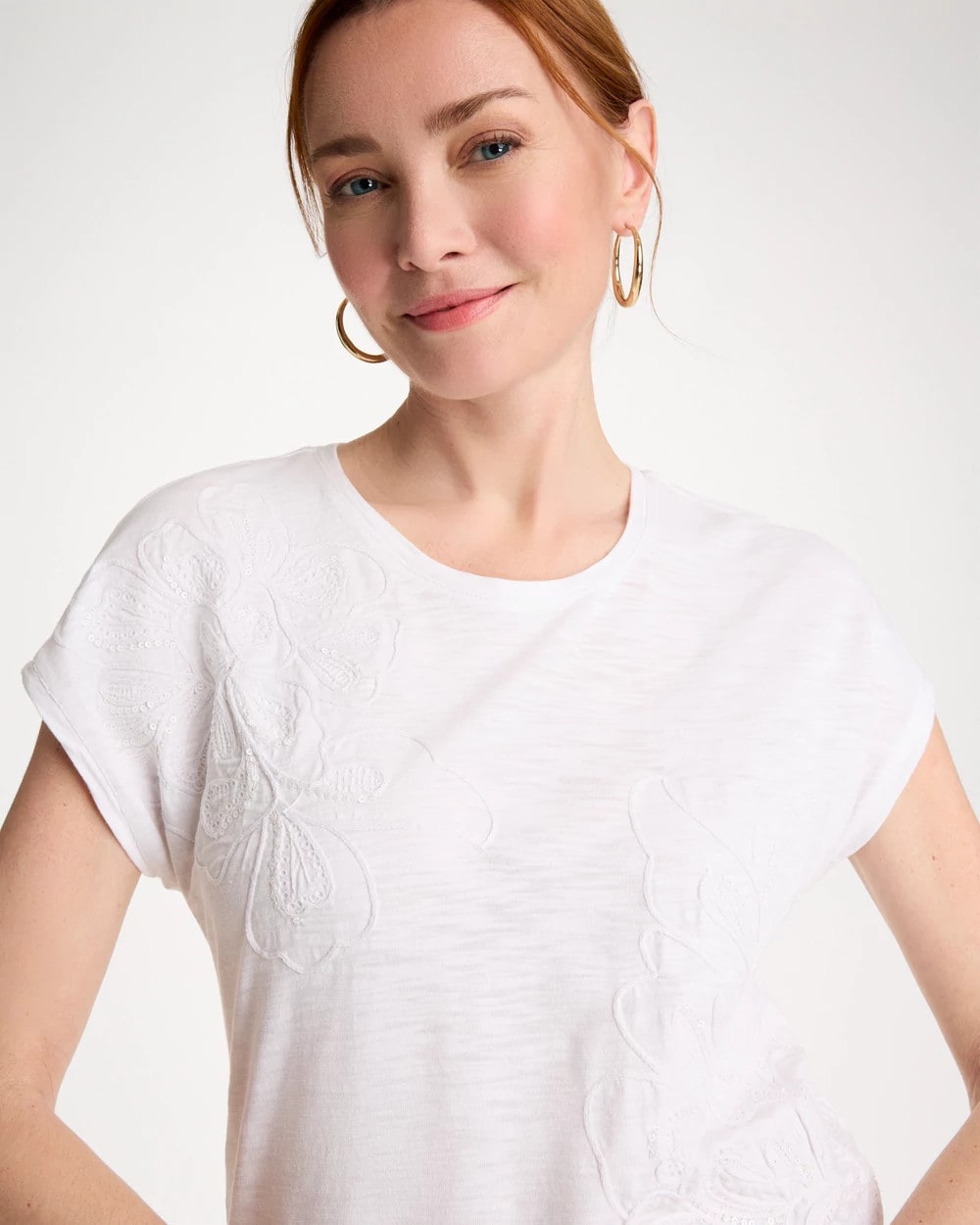 Chico's Exclusive - Cotton Slub Embroidered Wedge Tee Alabaster