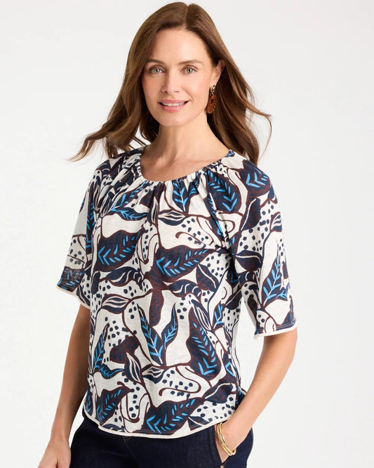 Chico's Trending - Printed Linen Fringed Tee Passport Blue