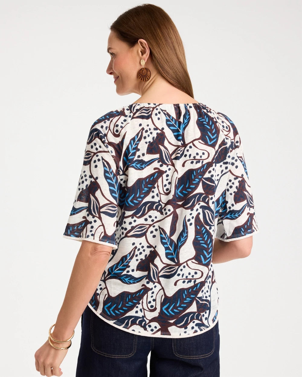 Chico's Trending - Printed Linen Fringed Tee Passport Blue