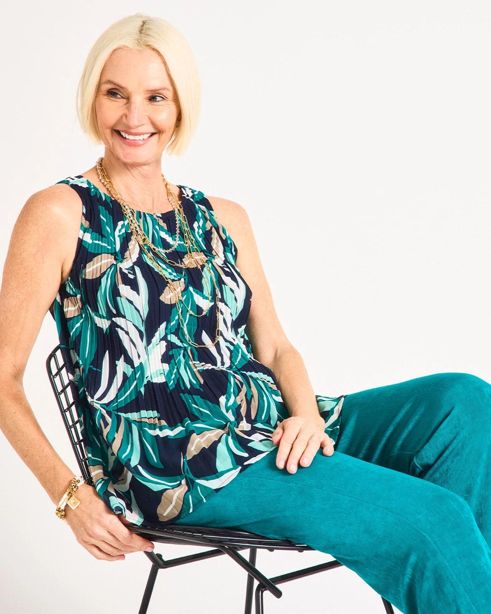 Chico's Signature - Travelers™ Palm Pleated Chiffon Tank Kings Navy