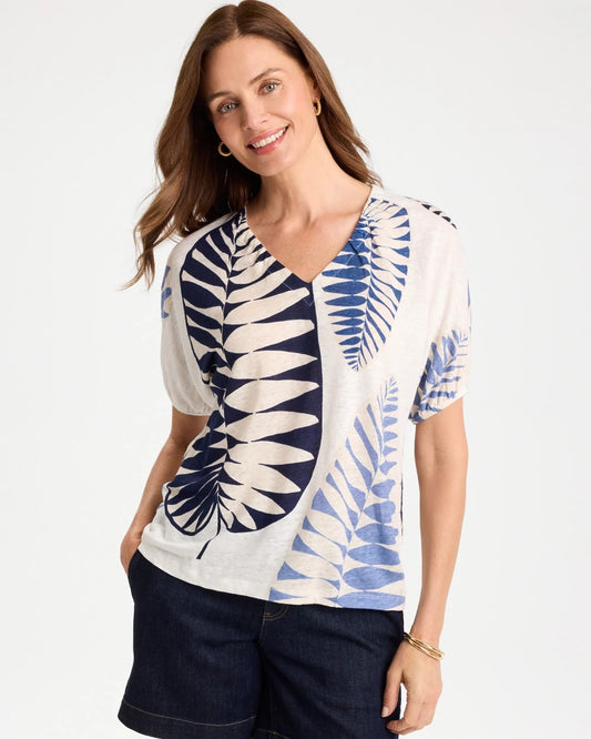 Chico's Best Price - Leaf Print Linen Ruched V-Neck Tee Passport Blue