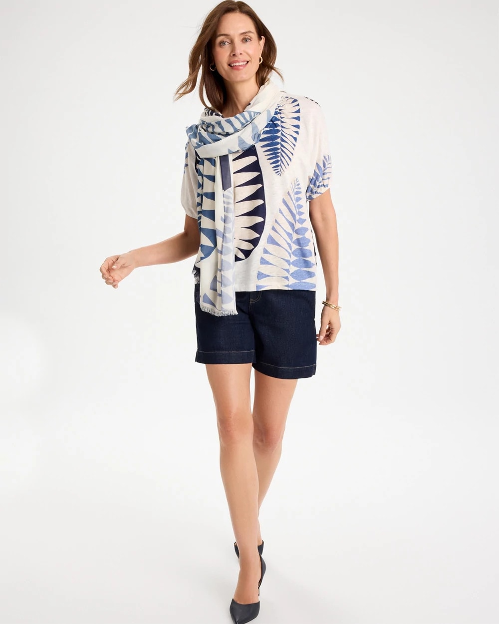 Chico's Best Price - Leaf Print Linen Ruched V-Neck Tee Passport Blue