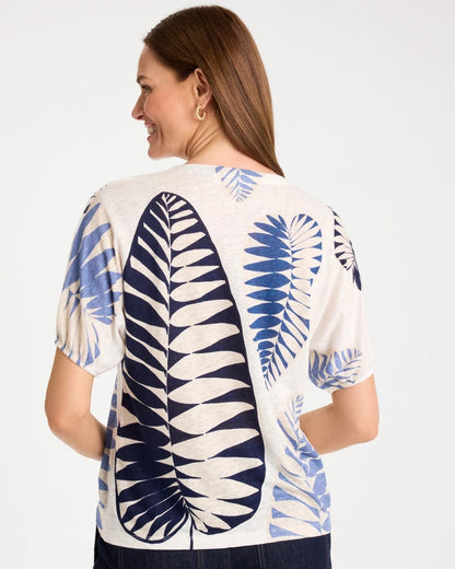Chico's Best Price - Leaf Print Linen Ruched V-Neck Tee Passport Blue