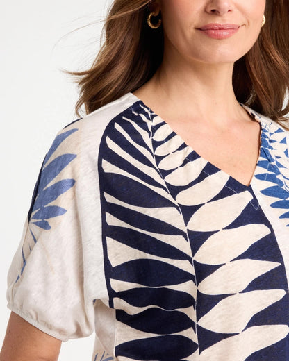 Chico's Best Price - Leaf Print Linen Ruched V-Neck Tee Passport Blue