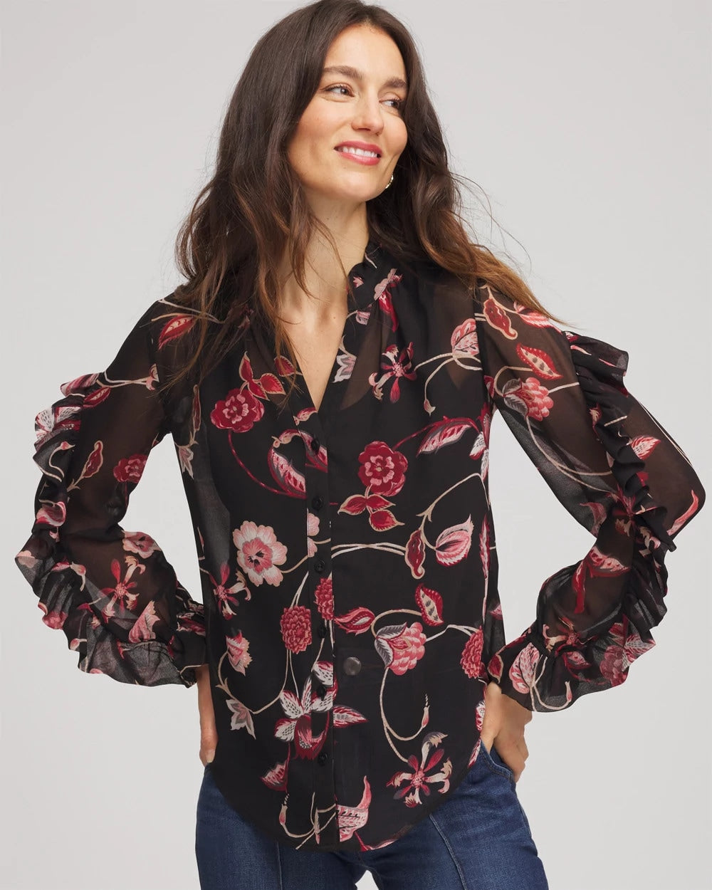 Chico's Premium - Georgette Celtic Blooms Blouse Black