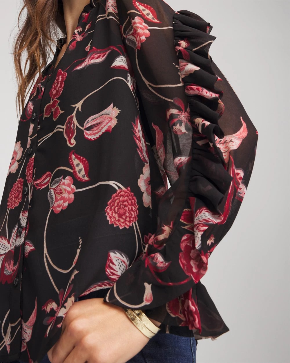 Chico's Premium - Georgette Celtic Blooms Blouse Black