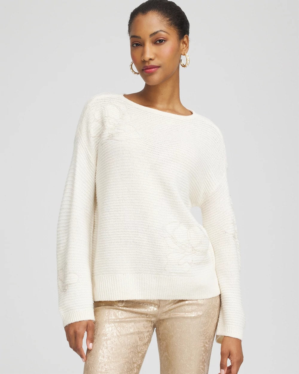 Chico's Signature - Tonal Embroidered Boatneck Pullover Sweater English Cream