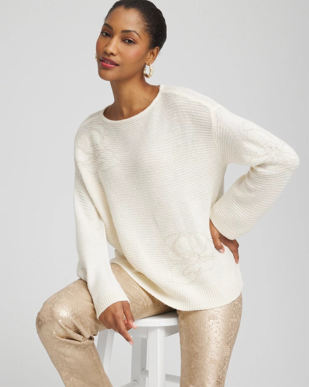 Chico's Signature - Tonal Embroidered Boatneck Pullover Sweater English Cream