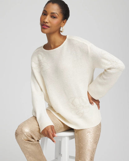 Chico's Signature - Tonal Embroidered Boatneck Pullover Sweater English Cream