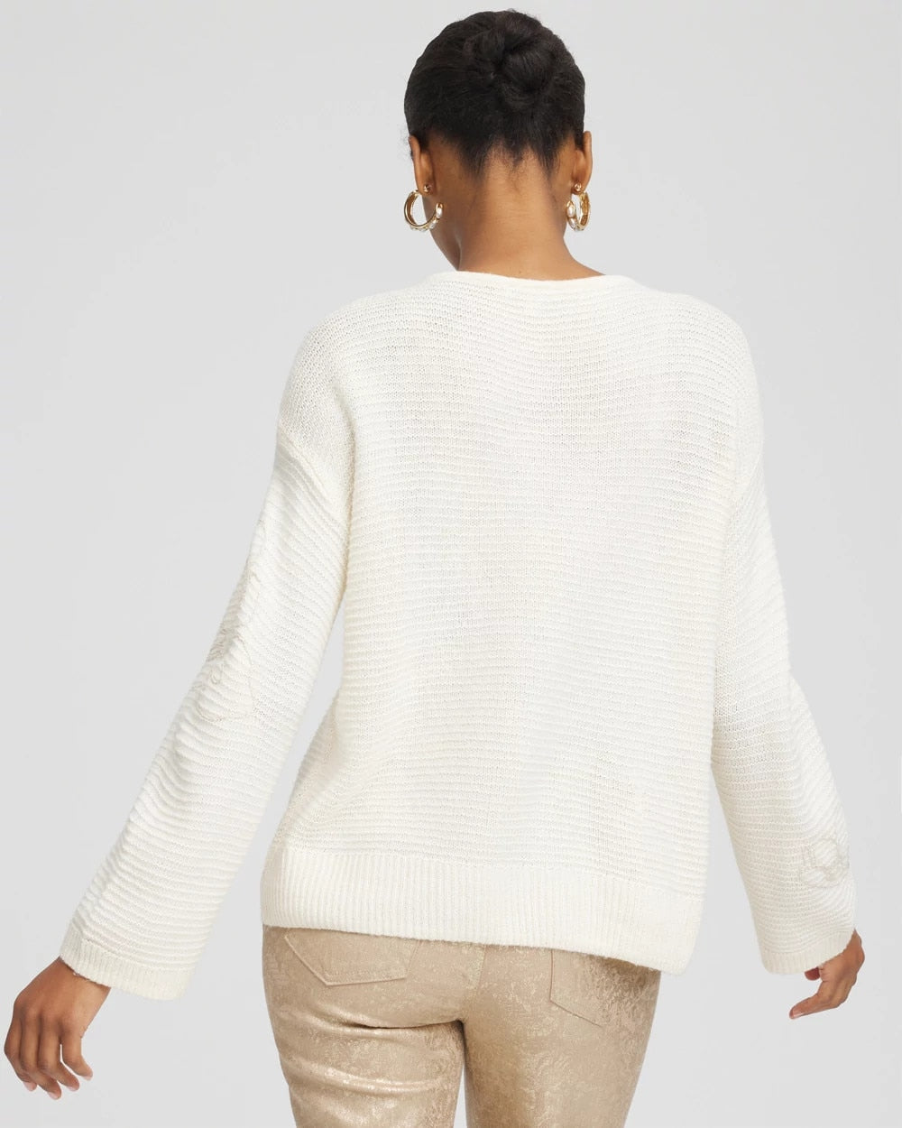 Chico's Signature - Tonal Embroidered Boatneck Pullover Sweater English Cream