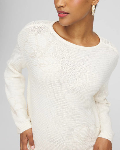 Chico's Signature - Tonal Embroidered Boatneck Pullover Sweater English Cream