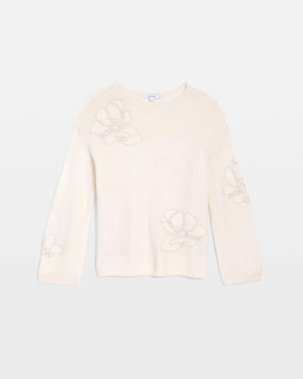 Chico's Signature - Tonal Embroidered Boatneck Pullover Sweater English Cream