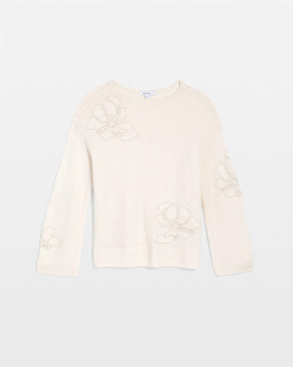 Chico's Signature - Tonal Embroidered Boatneck Pullover Sweater English Cream