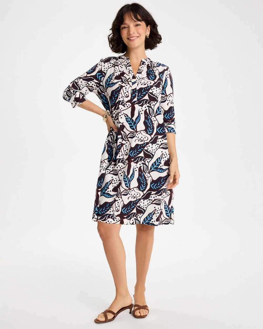 Chico's Classic - Poplin Cotton Popover Printed Dress Passport Blue