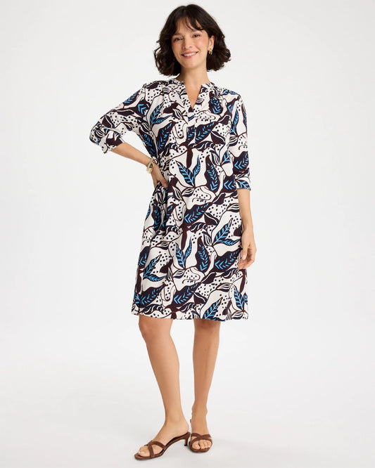 Chico's Classic - Poplin Cotton Popover Printed Dress Passport Blue