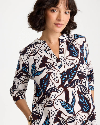 Chico's Classic - Poplin Cotton Popover Printed Dress Passport Blue