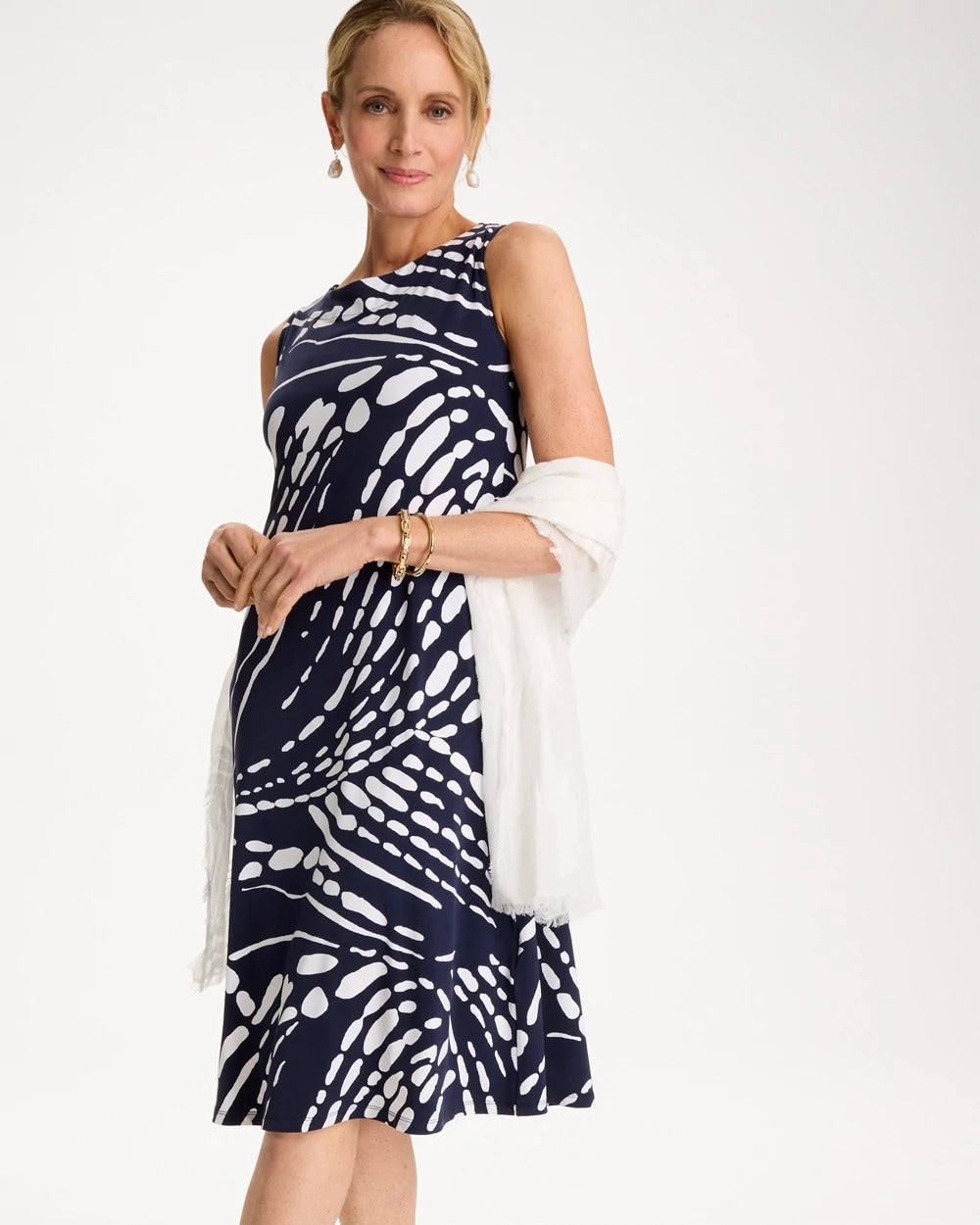 Chico's Premium - Jersey Knit Printed Shift Dress Passport Blue