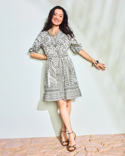 Chico's Discount - Printed Cotton-Linen Belted Dress Kelp Forest