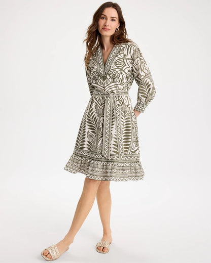 Chico's Discount - Printed Cotton-Linen Belted Dress Kelp Forest