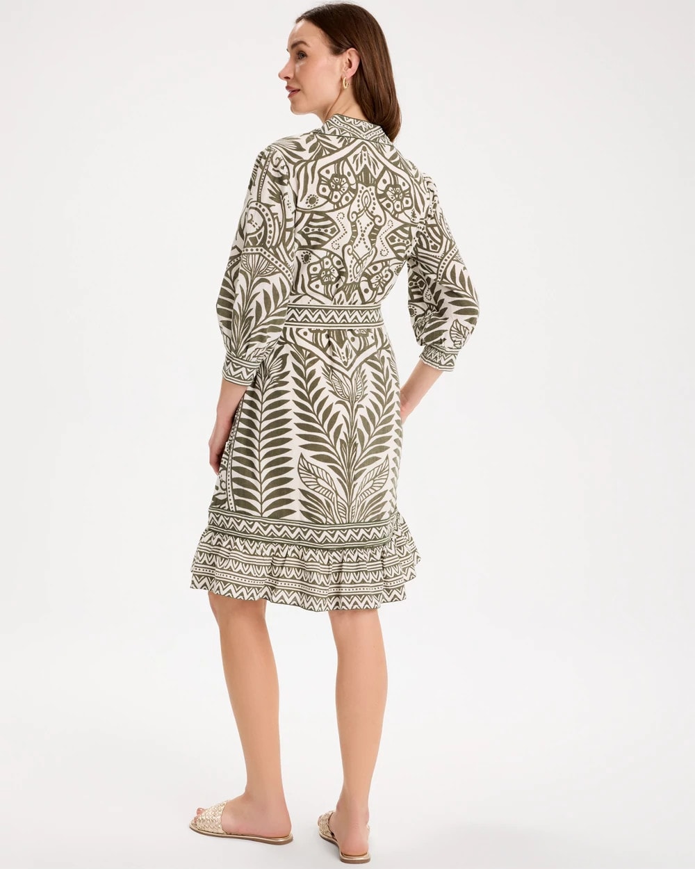 Chico's Discount - Printed Cotton-Linen Belted Dress Kelp Forest