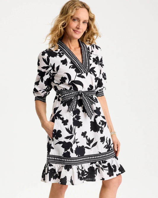 Chico's Discount - Floral Cotton-Linen Belted Dress Black