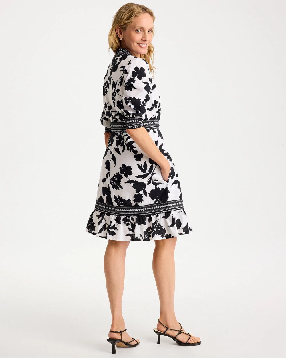 Chico's Discount - Floral Cotton-Linen Belted Dress Black