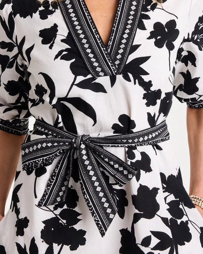 Chico's Discount - Floral Cotton-Linen Belted Dress Black