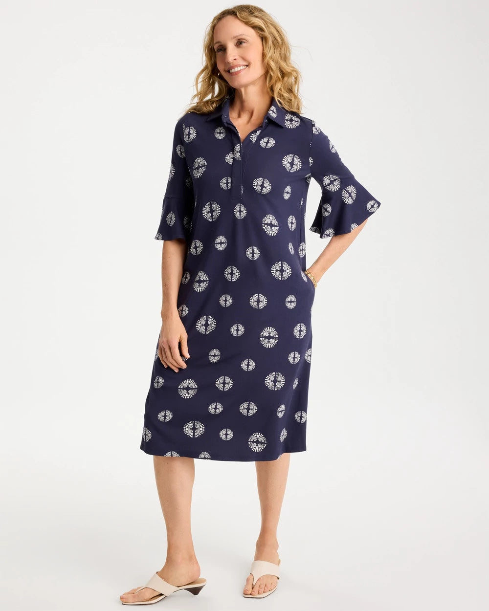 Chico's Customer Favorite - Printed Ponte Flounce Sleeve Dress Passport Blue