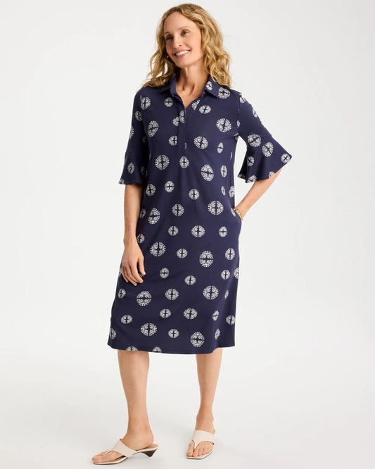 Chico's Customer Favorite - Printed Ponte Flounce Sleeve Dress Passport Blue