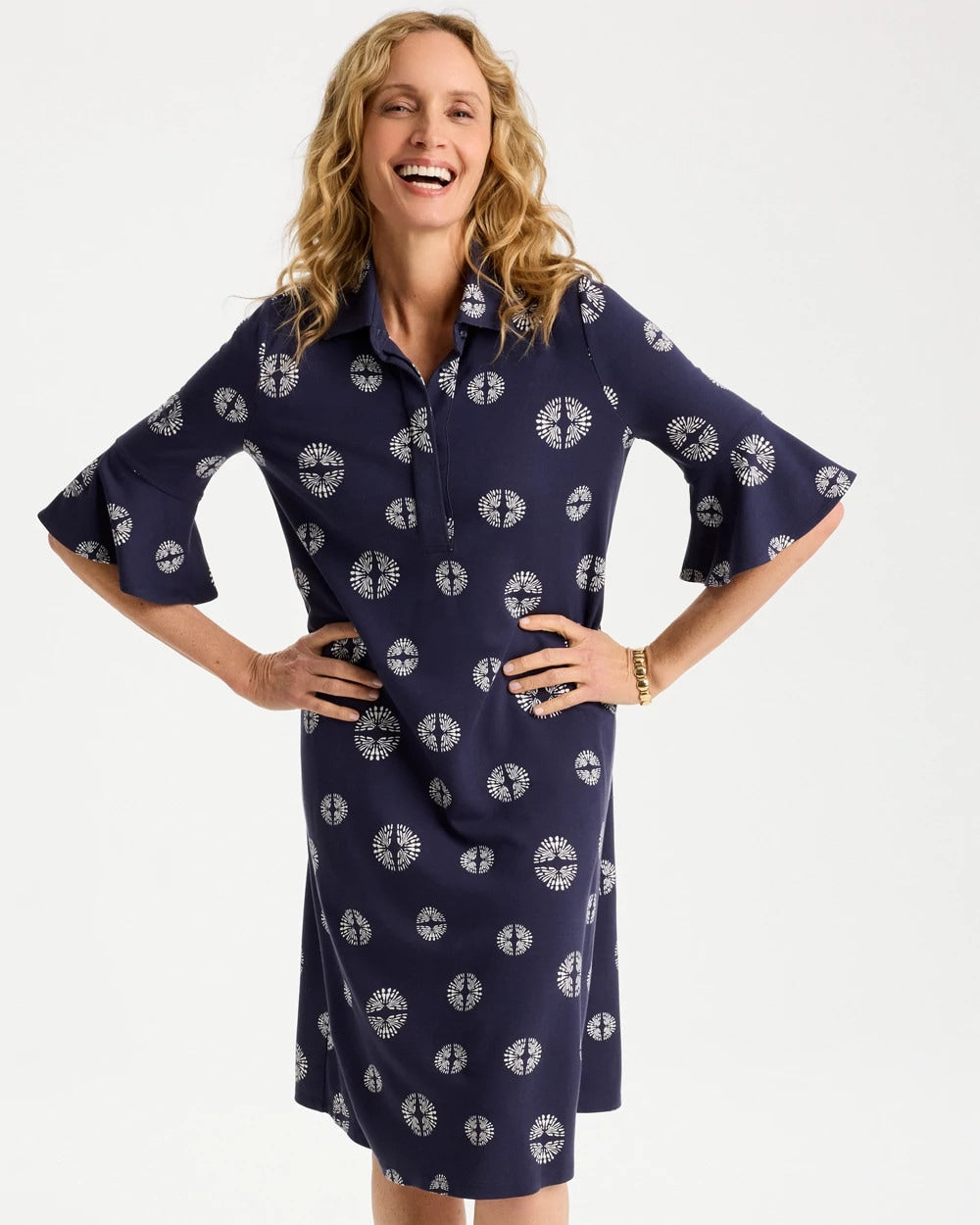 Chico's Customer Favorite - Printed Ponte Flounce Sleeve Dress Passport Blue