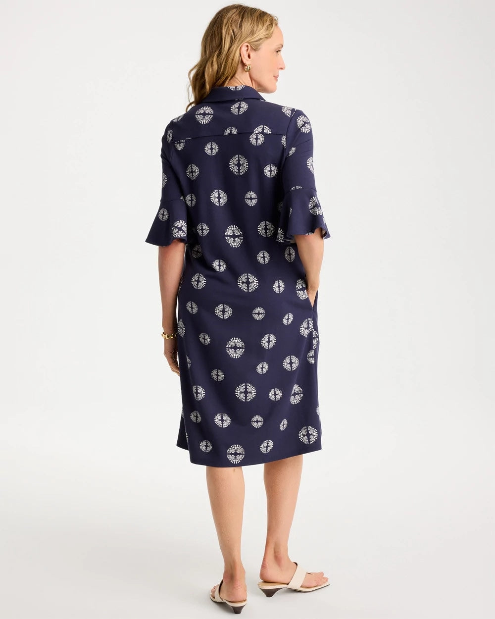 Chico's Customer Favorite - Printed Ponte Flounce Sleeve Dress Passport Blue
