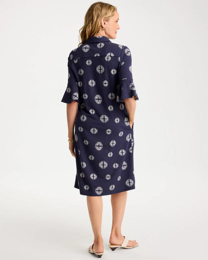 Chico's Customer Favorite - Printed Ponte Flounce Sleeve Dress Passport Blue
