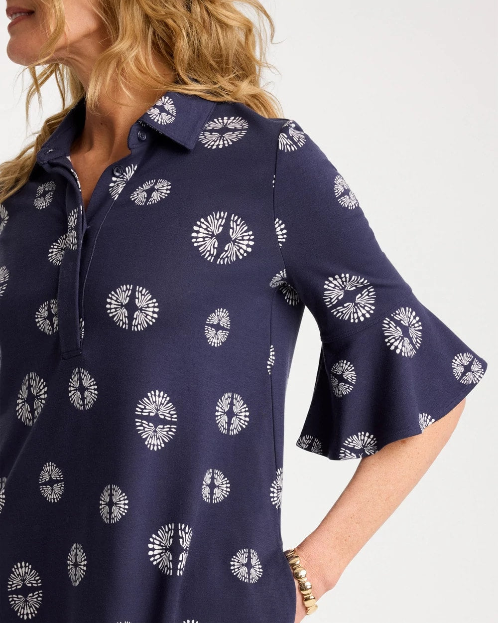 Chico's Customer Favorite - Printed Ponte Flounce Sleeve Dress Passport Blue