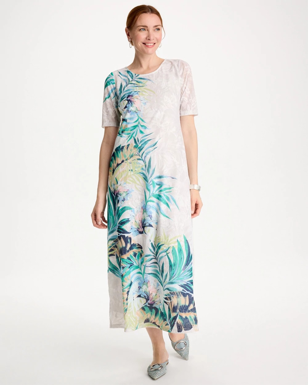 Chico's Customer Favorite - Jersey Knit Tropical Maxi Dress Alabaster