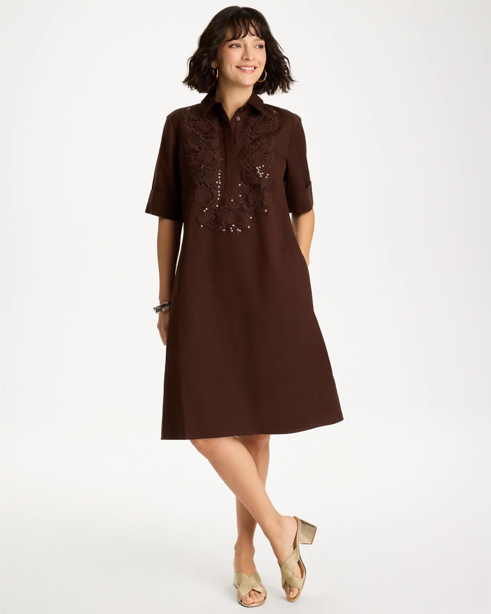 Chico's Premium - Embellished Linen Popover Dress Deep Brown