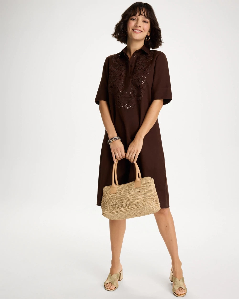 Chico's Premium - Embellished Linen Popover Dress Deep Brown