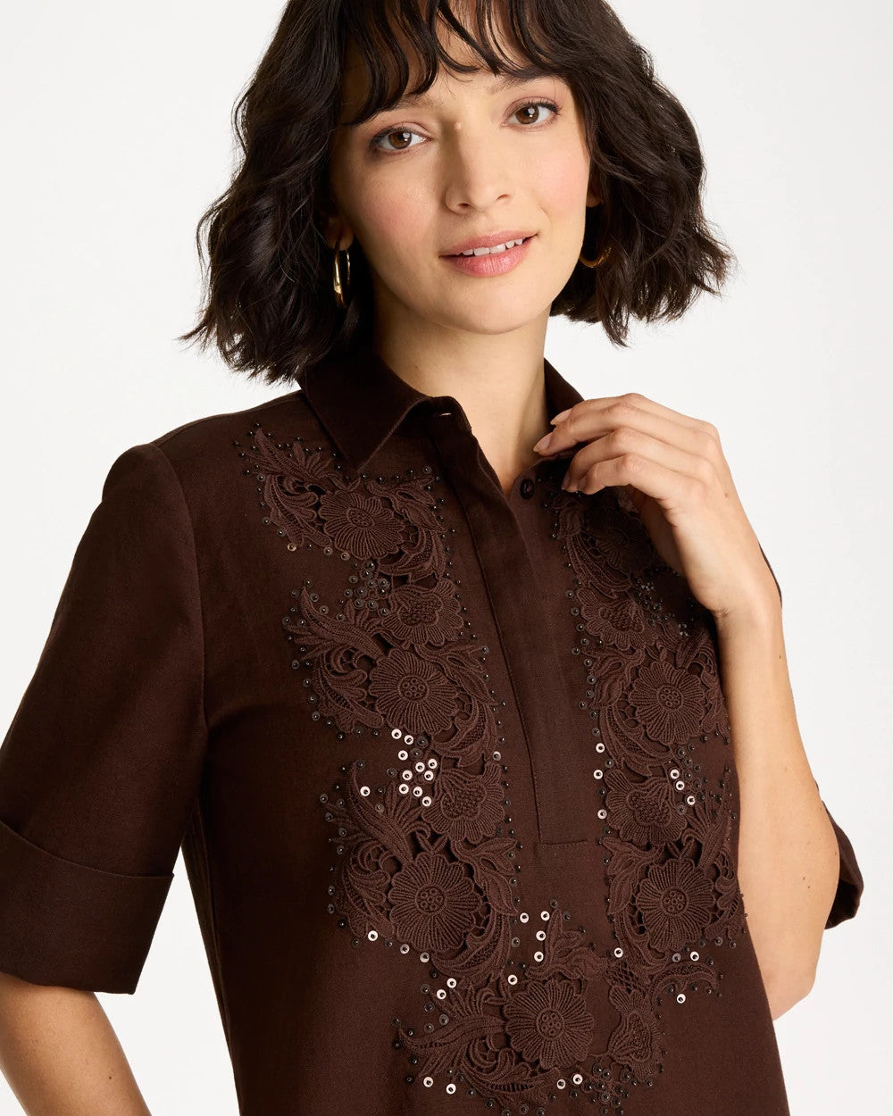 Chico's Premium - Embellished Linen Popover Dress Deep Brown