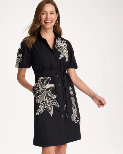 Chico's Discount - Embroidered Poplin Cotton Belted Dress Black