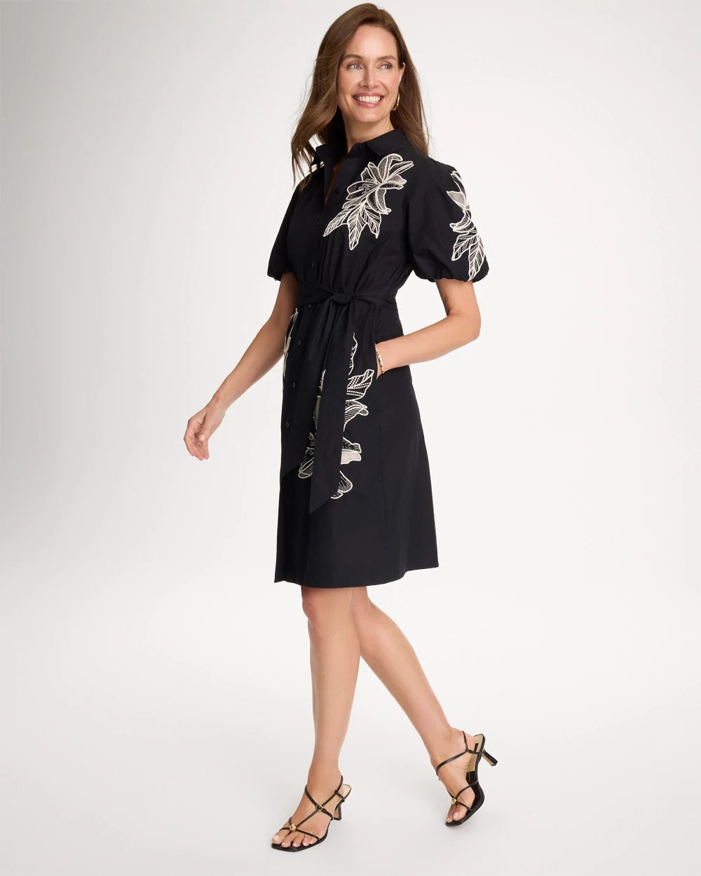 Chico's Discount - Embroidered Poplin Cotton Belted Dress Black